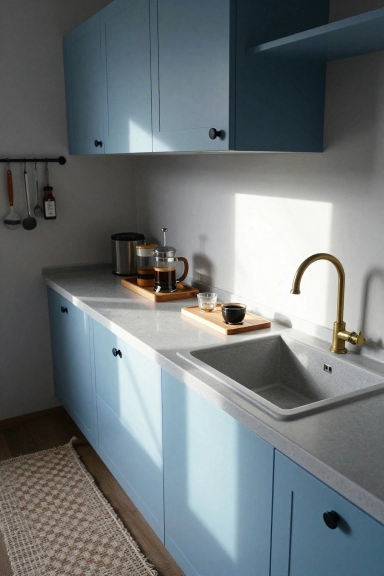 Modern apartment kitchen with light blue matte cabinets, white quartz countertop and undermount sink, brass gooseneck faucet, wooden cutting board holding a French press and coffee cups, and utensils hanging on a wall rack.