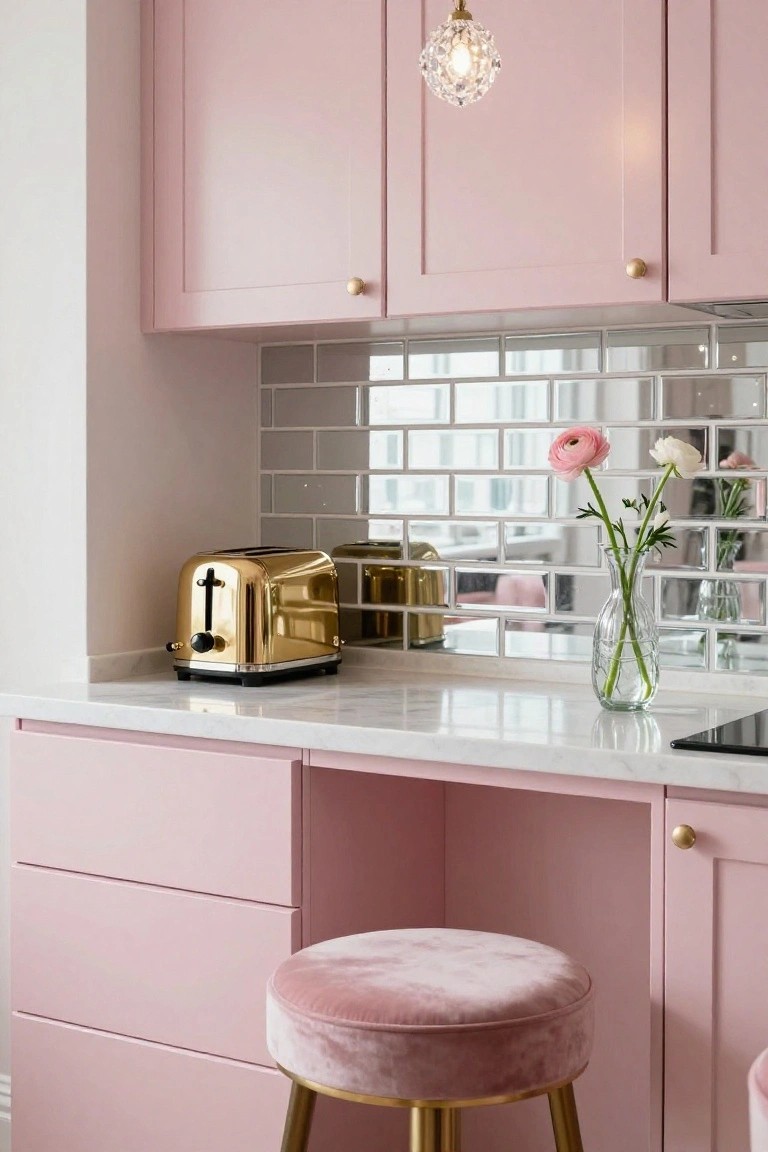 Apartment kitchen with blush pink upper and lower cabinets, gold toaster on white marble countertop, mirrored subway tile backsplash with reflected flowers in glass vase, and pink velvet stool with gold legs.