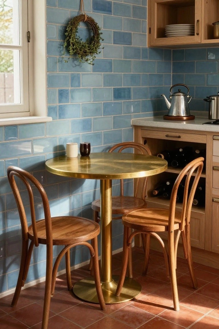 Small round brass pedestal table with four wooden bentwood chairs in a kitchen featuring blue subway tile walls, wooden cabinets, a wine rack, and a kettle on the counter.