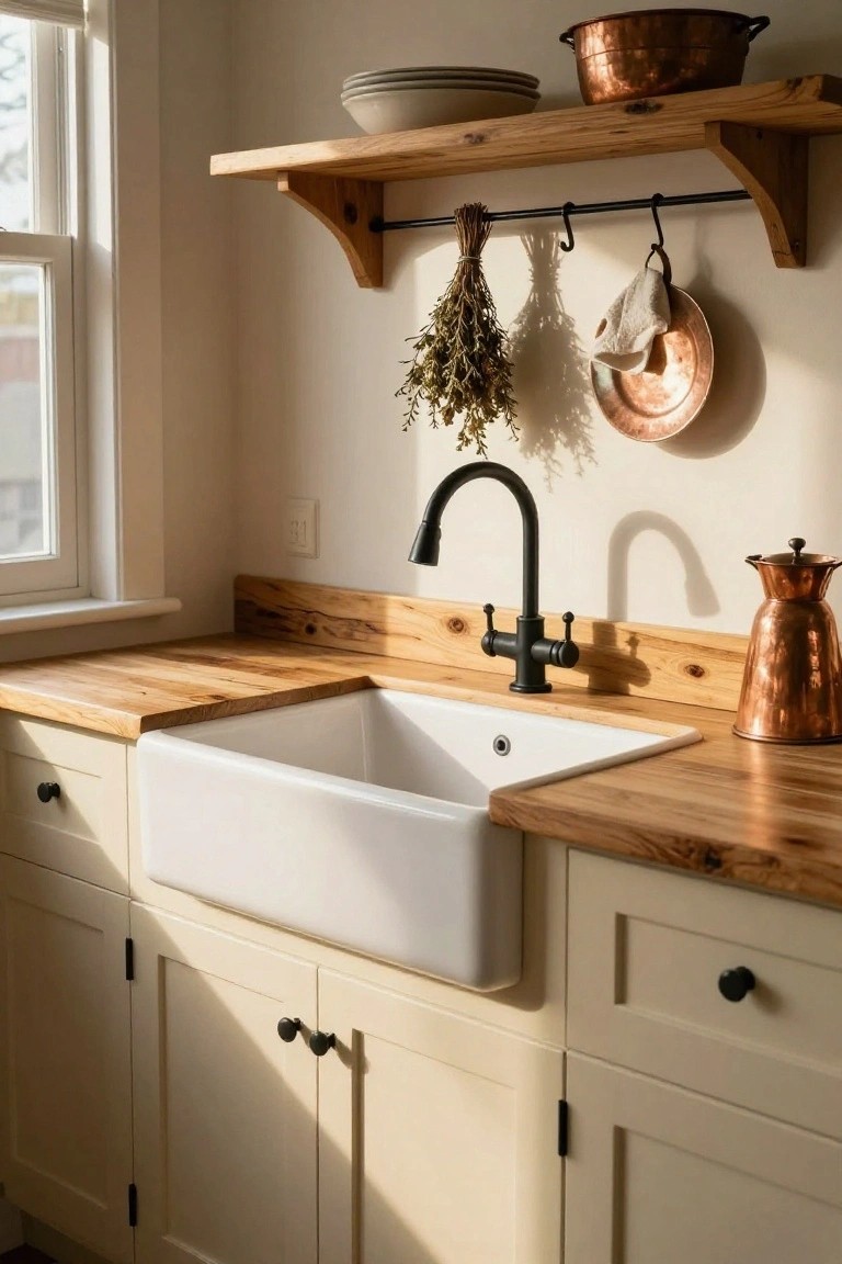 A kitchen corner showing light wood butcher block countertops around a white farmhouse sink with black faucet, cream cabinets below, wooden shelves above holding plates and copper pots, hanging herbs and dish towel, and a window with blinds.