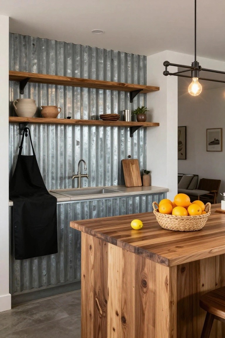 Kitchen interior with corrugated metal wall panels behind sink and wooden shelves holding ceramics and plants, wooden island topped with basket of oranges and lemon, black apron hanging on hook, and stool at end.