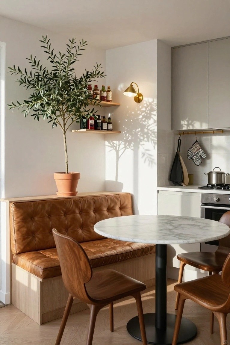 Apartment kitchen with built-in tan leather tufted banquette booth against a white wall, round white marble dining table on black base, two wooden chairs, potted olive tree, light gray cabinets, gold wall light, and stainless steel stove on white tiled backsplash.