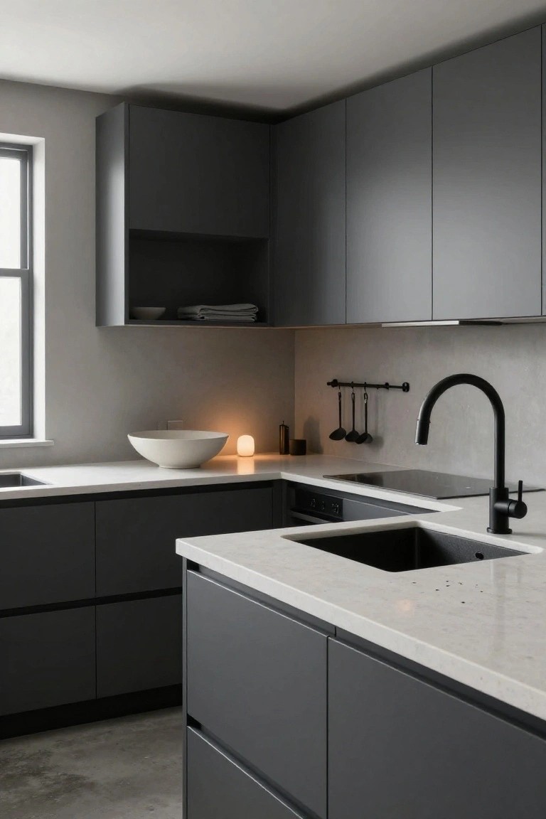 Modern kitchen interior with matte dark gray cabinets, white quartz countertops, black gooseneck faucet over a black sink, induction cooktop, wall-mounted pot rack, and minimal decor including a white bowl and small lamp.