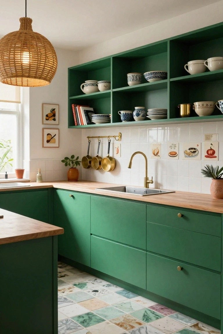 Compact apartment kitchen with deep green cabinets, light wood countertop, stainless steel sink, curved gold faucet, white subway tile backsplash with illustrated decorative tiles, brass cookware hanging on a rail, and multicolored patterned floor tiles.