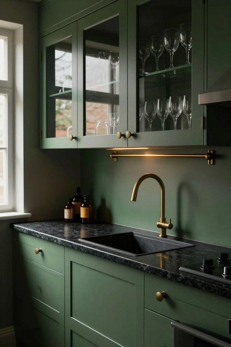 Close-up view of a compact kitchen with deep green shaker-style cabinets, glass-fronted upper cabinets holding wine glasses, black granite countertops and sink, gold gooseneck faucet, and brass hardware.