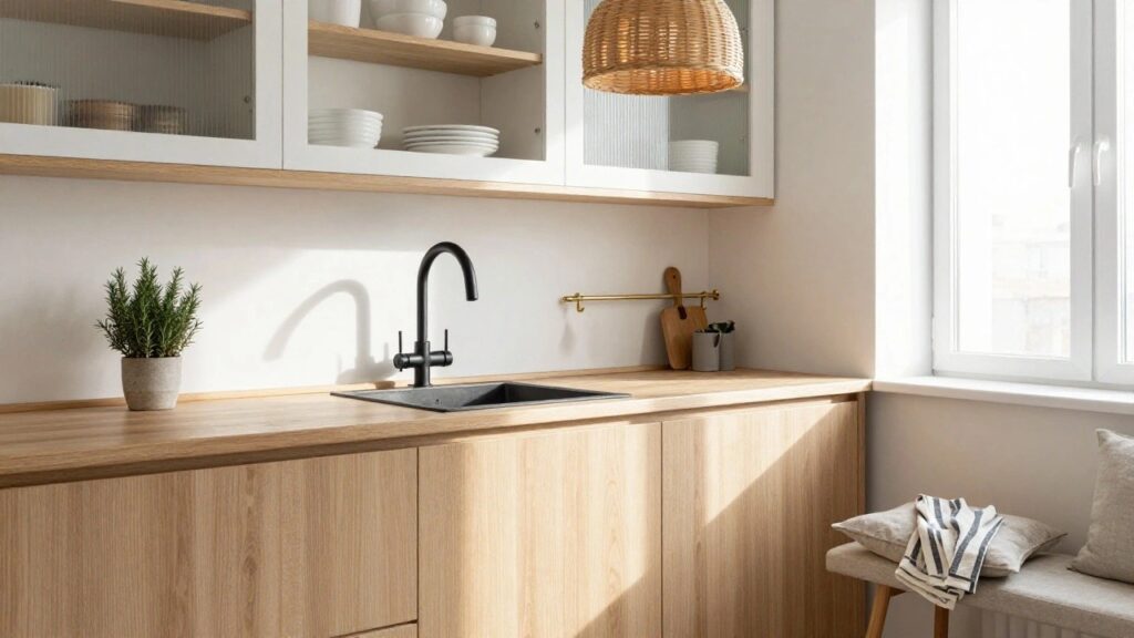A compact white kitchen with oak countertops and cabinets, black faucet, rattan pendant light over the sink, open wood shelves holding dishes, potted rosemary plant, and a cushioned bench by the window draped with a striped towel.