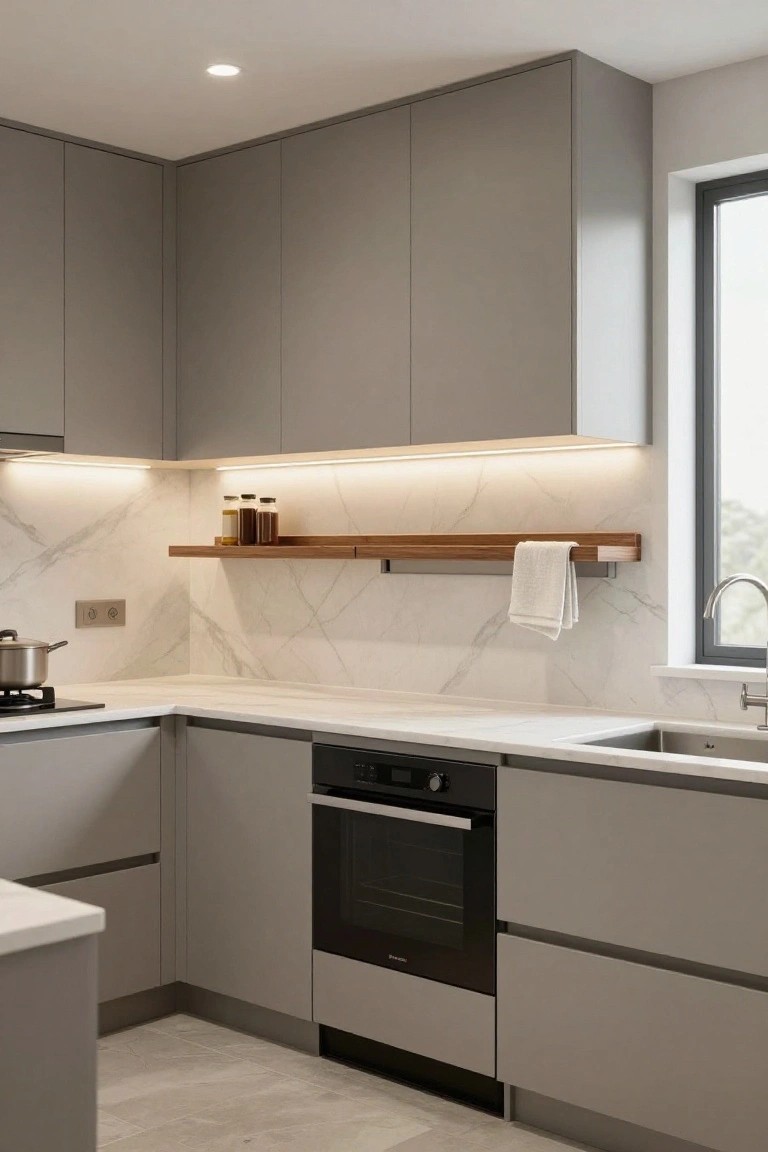 Corner of a modern apartment kitchen with matte gray handleless cabinets, white marble-patterned countertops and backsplash, black built-in oven and cooktop, stainless steel sink, floating wood shelf holding jars and a white towel on the backsplash, under-cabinet LED lighting, and a large window.