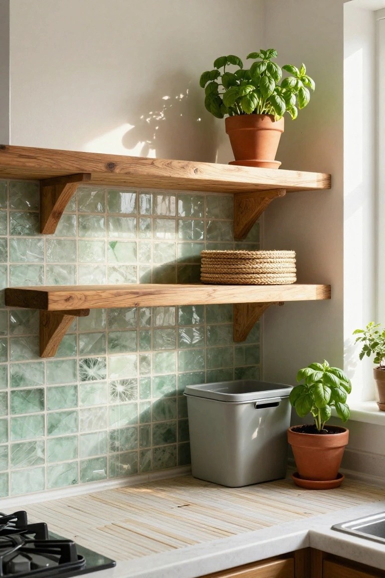 Corner of a light-filled kitchen with seafoam green glass mosaic tile backsplash, wooden floating shelves holding potted basil plants and a woven basket, gray bin next to white countertop, and gas stove burners.