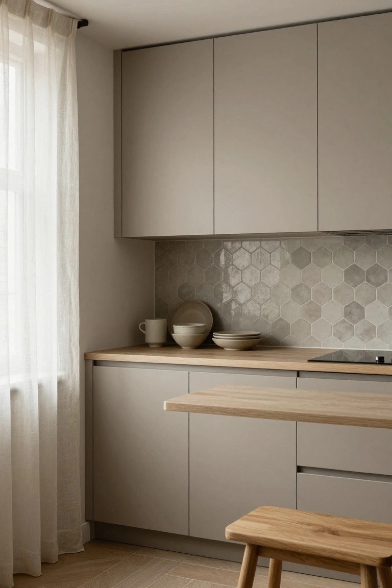 Apartment kitchen corner with greige flat-panel cabinets, light oak countertop extending as a shelf, hexagonal gray-beige backsplash tiles, induction cooktop, white ceramic dishes, wooden stool, sheer curtains on window, and herringbone wood floor.