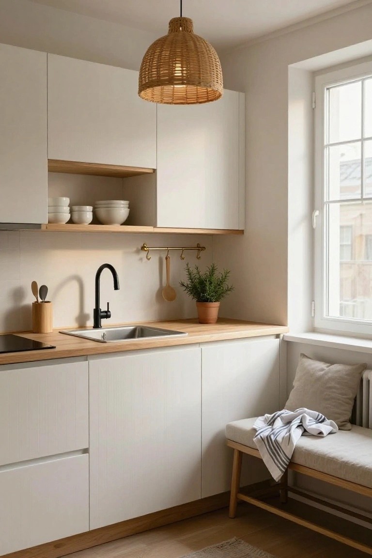 A compact white kitchen with oak countertops and cabinets, black faucet, rattan pendant light over the sink, open wood shelves holding dishes, potted rosemary plant, and a cushioned bench by the window draped with a striped towel.