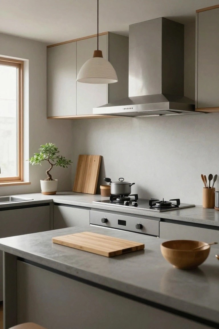 Modern apartment kitchen with matte light gray cabinets edged in wood trim, gray concrete countertops and peninsula, stainless steel range hood and cooktop, wooden cutting boards, bowl, utensils, and bonsai plant near window.