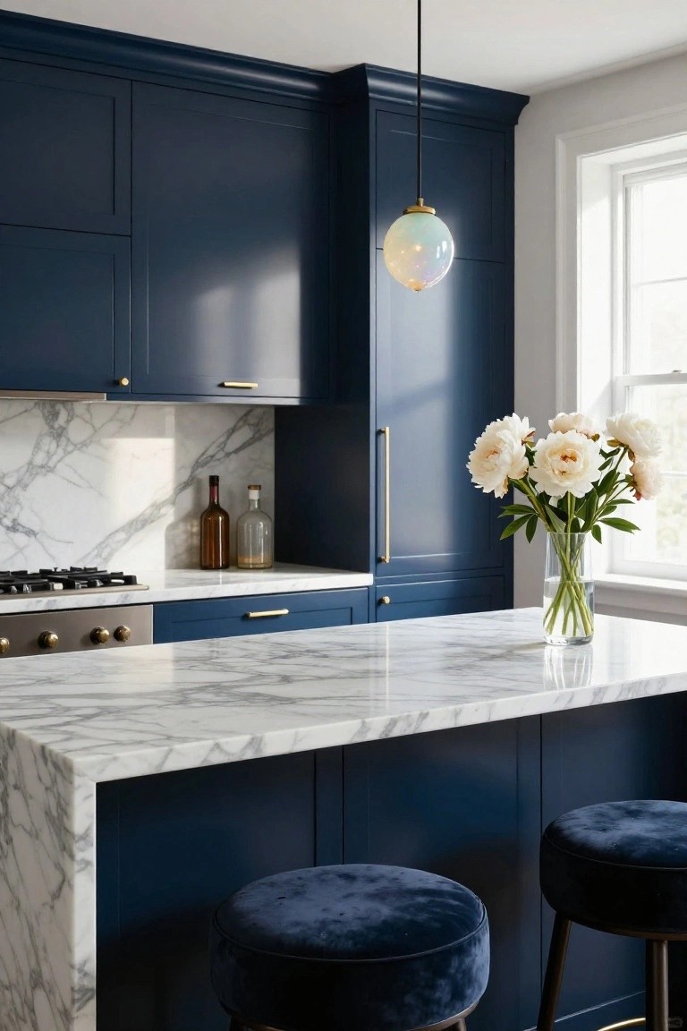 Kitchen with navy blue cabinets, white marble countertops and backsplash, gold hardware, gas cooktop, blue velvet stools at a marble island, pendant light, and white peonies in a glass vase by a window.