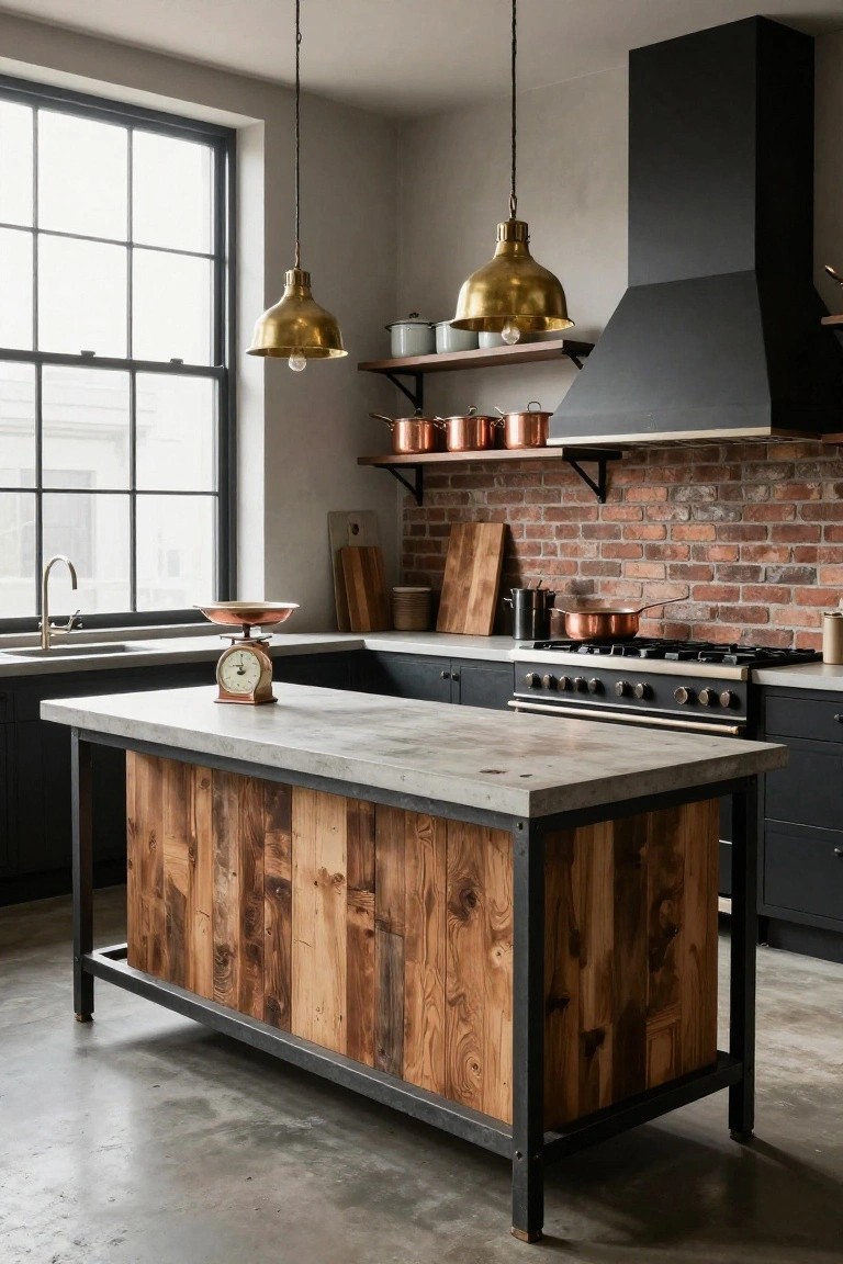 Contemporary kitchen interior with central island of light gray concrete top, reclaimed wood plank sides, black metal legs and frame, dark cabinets, exposed brick wall, brass pendant lights, and copper cookware on shelves.