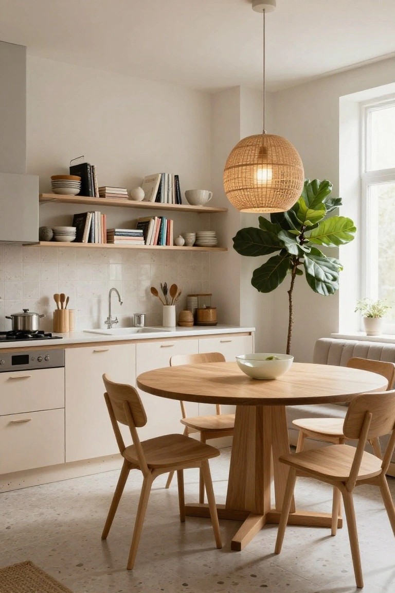Kitchen with white cabinets, stainless steel appliances, round wooden dining table and four wooden chairs, rattan pendant light, wooden utensils, and large green plant by window.