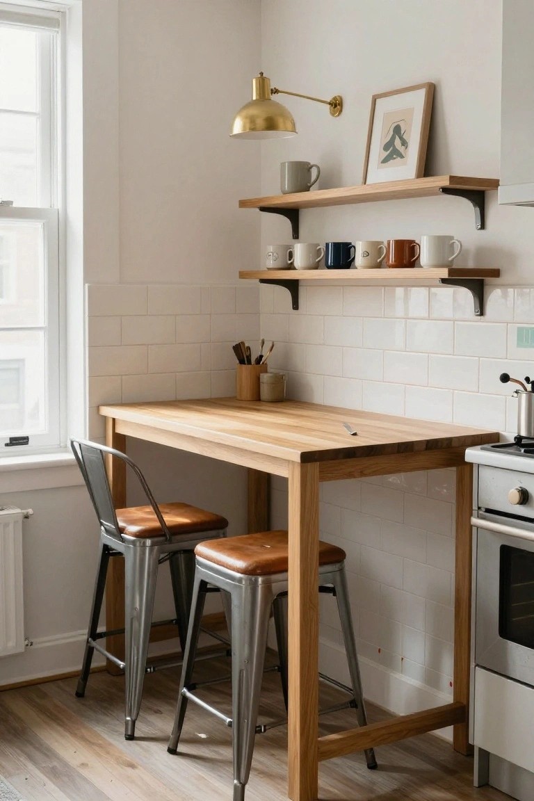 Compact kitchen corner with light oak rectangular table, two gray metal bar stools with brown leather seats, wooden floating shelves displaying colorful mugs and jars, white subway tile backsplash, utensils on counter, and white stove adjacent.