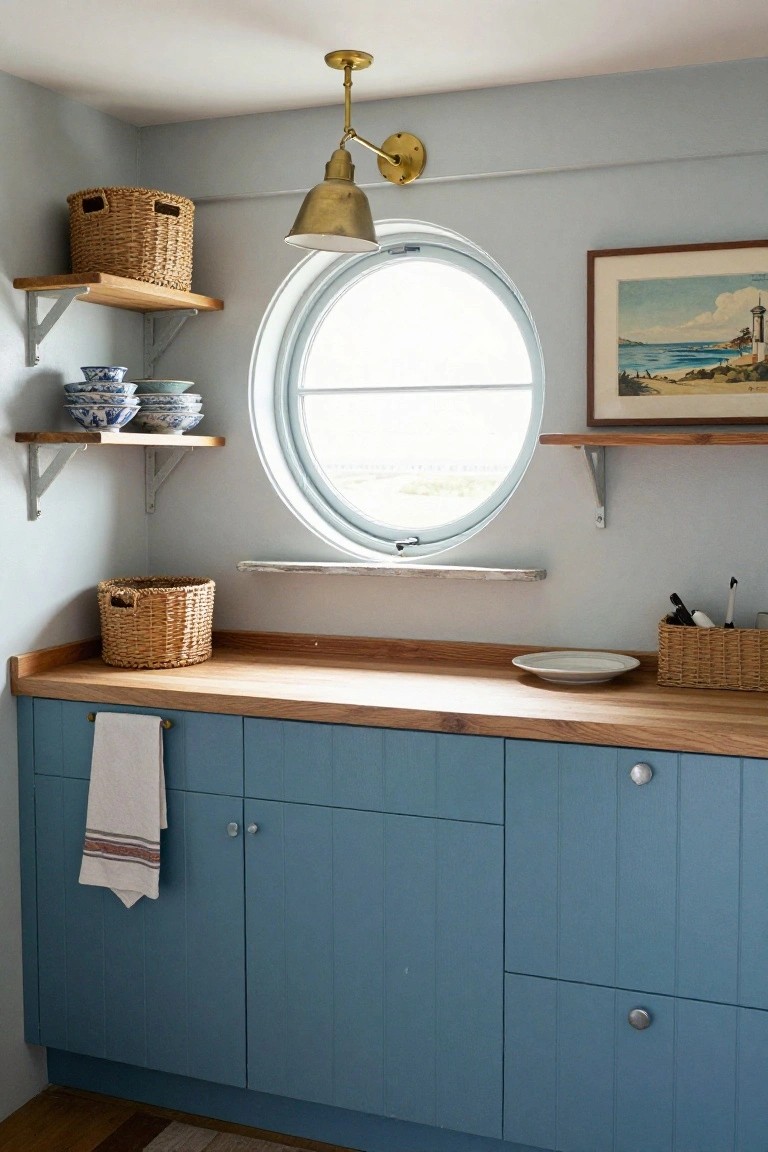Small indoor kitchen space with light blue paneled cabinets, wooden countertop, open wood shelves holding wicker baskets and blue-and-white dishes, round window, brass swing-arm lamp, and utensils in a basket.