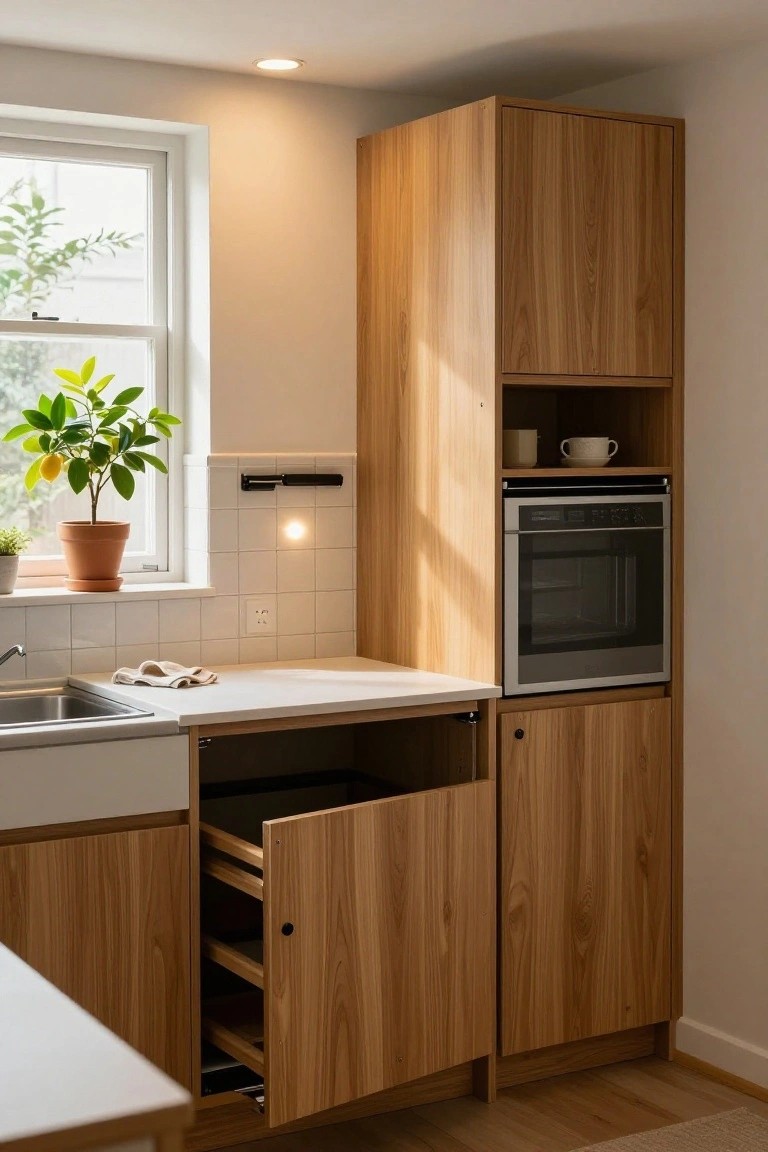 Kitchen corner with tall light wood cabinets, integrated silver oven, open shelf holding ceramic cups and bowl above oven, open base cabinet revealing three wooden pull-out shelves next to white sink and counter, white subway tile wall, window with lemon tree plant.