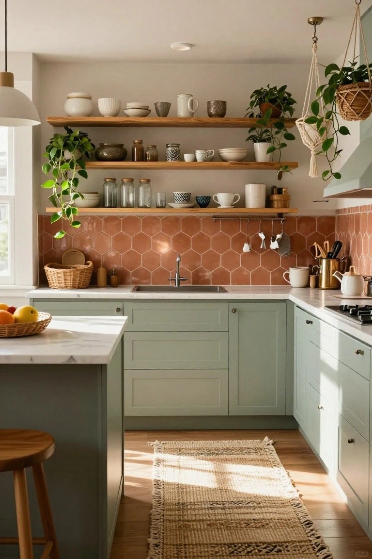 Kitchen interior with sage green cabinets, white marble countertops, terracotta hexagonal backsplash tiles, open wooden shelves holding ceramics and plants, hanging greenery, wooden stool, and woven rug on wood floors.