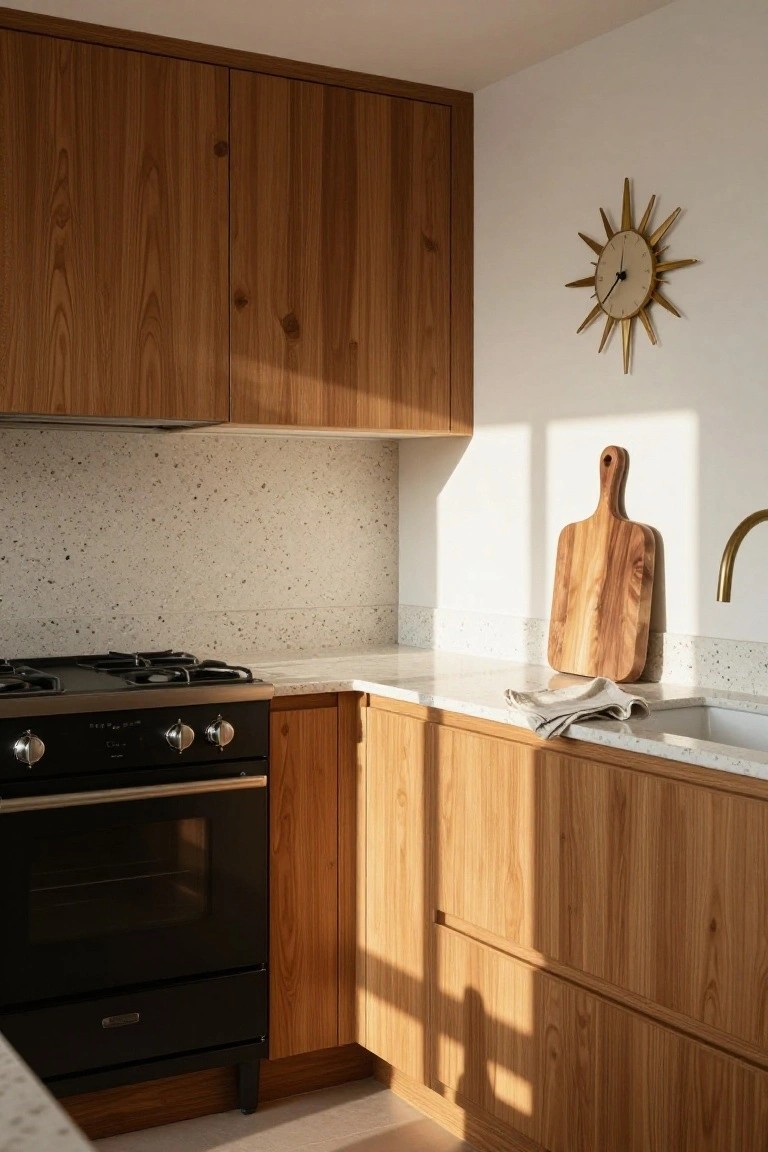 Corner of a modern kitchen featuring vertical-grain wooden cabinets, white terrazzo backsplash, white quartz countertop with sink, black gas stove and oven, wood cutting board, and gold sunburst wall clock.