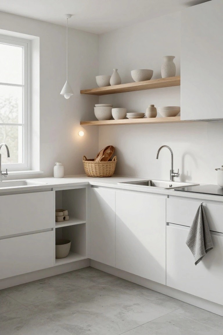 Corner view of a modern white kitchen with open light wood shelves displaying ceramic pots, bowls, and vessels above white cabinets, a stainless sink, and countertop near a window.