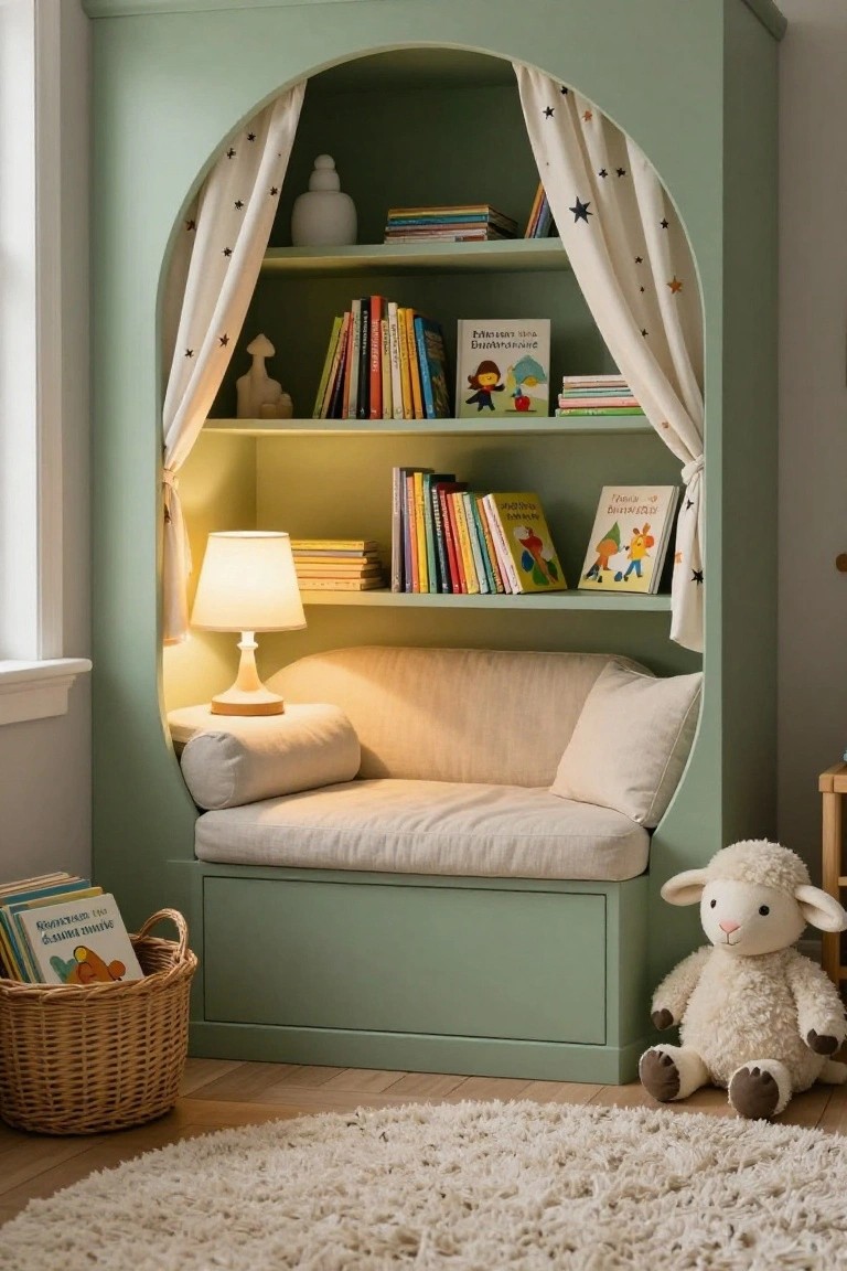 Mint green arched built-in bookshelf with white star-patterned curtains, books on shelves, table lamp, beige cushions on bench seat, basket of books, and stuffed lamb toy in a room with wood floor and rug.