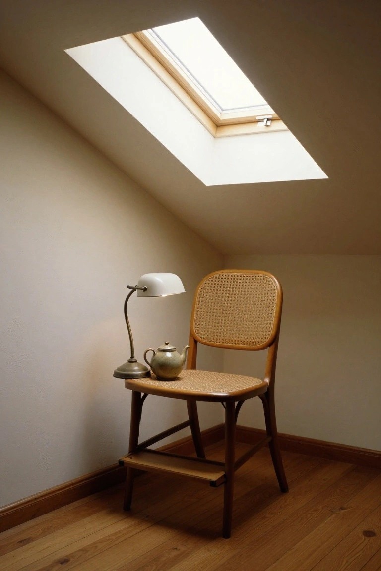 Attic room with sloped beige walls and hardwood floor, showing a wooden rattan chair with step stool next to a brass desk lamp and green-glazed teapot under a rectangular skylight.