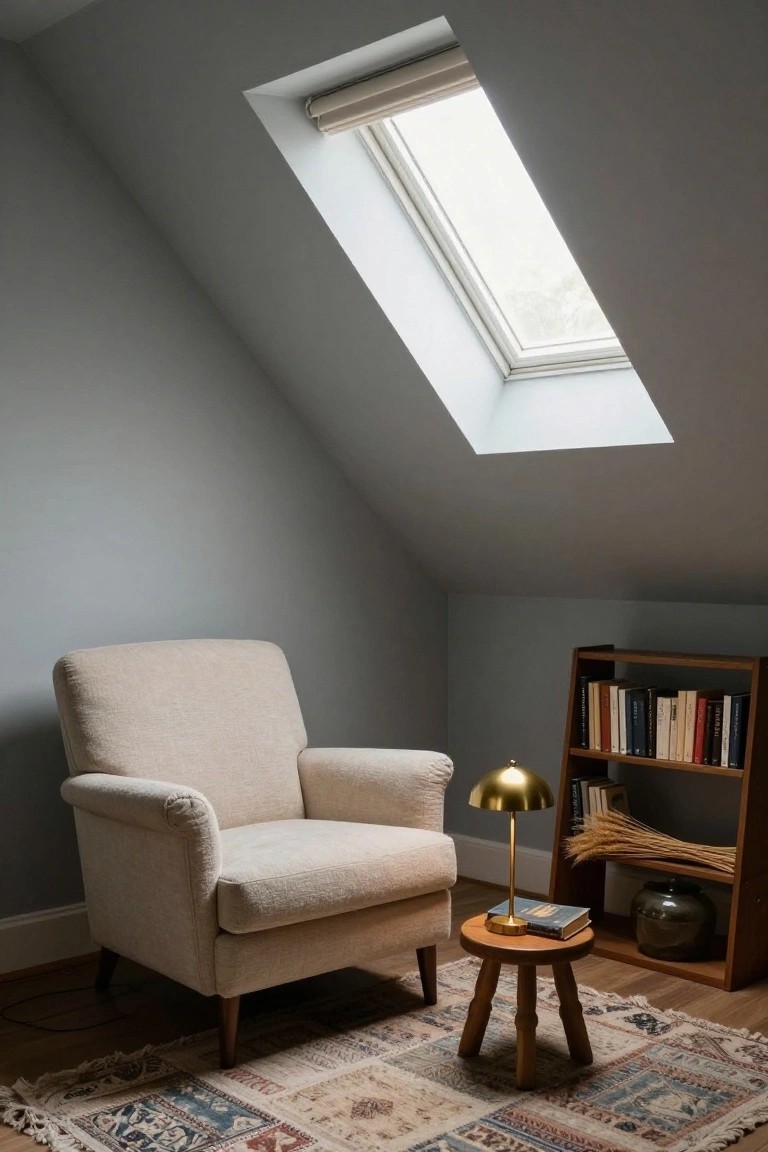 Beige upholstered armchair with wooden legs next to a small wooden stool topped with a gold lamp and book, in a gray attic room with sloped ceiling, skylight, bookshelf, and patterned rug.