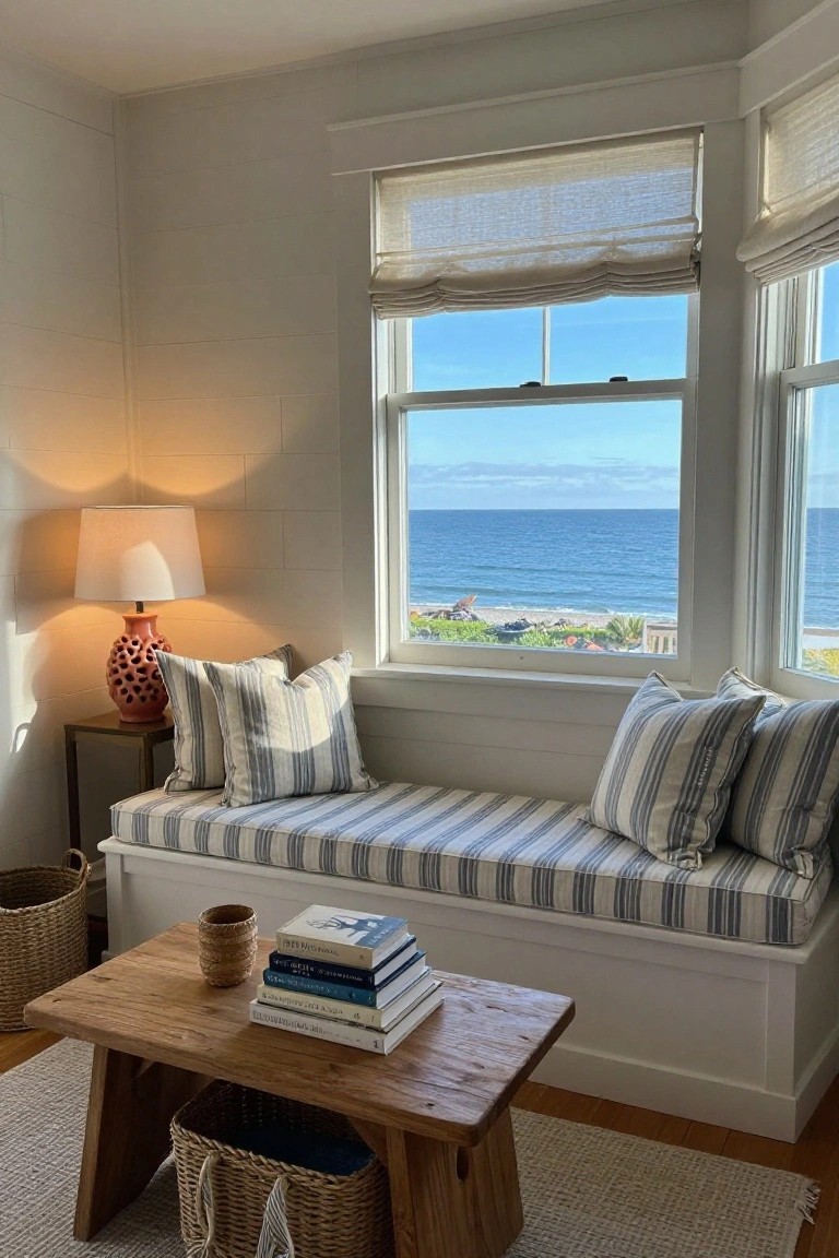 Light shiplap-walled room with built-in white window seat covered in blue-and-white striped cushions, low wooden stool holding stacked books, orange terracotta lamp on side table, and ocean view through large windows.