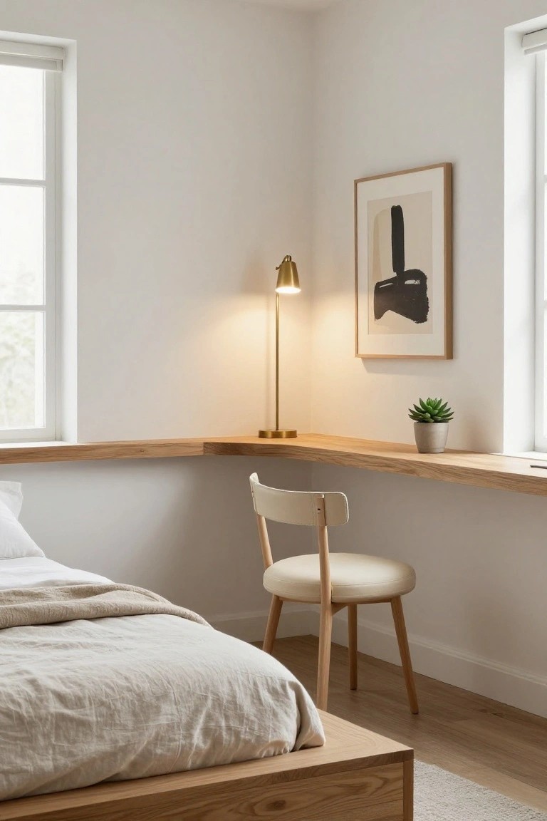 Bedroom corner with built-in wooden desk shelf by the window, cream chair, brass lamp, potted succulent, abstract black and white framed artwork on wall, and low wooden bed nearby.