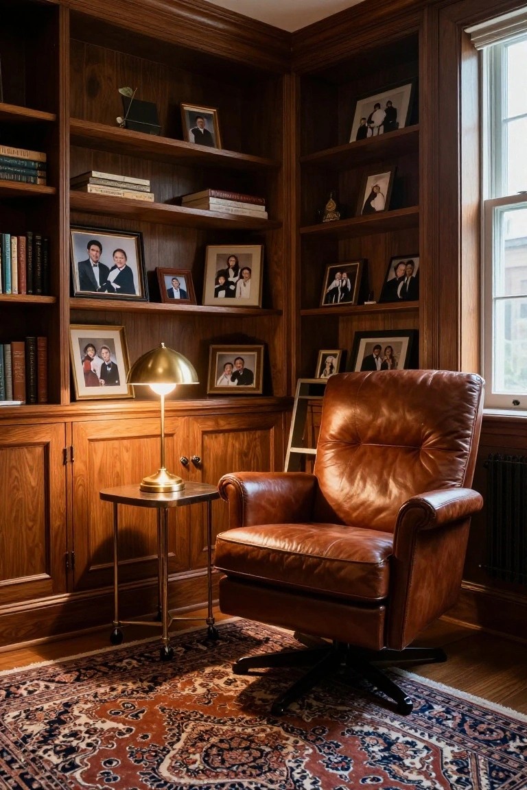 Wood-paneled corner of a library with built-in bookshelves holding books and framed family photos, a tan leather swivel armchair next to a brass dome lamp on a small round table, and a red Persian rug on the floor.