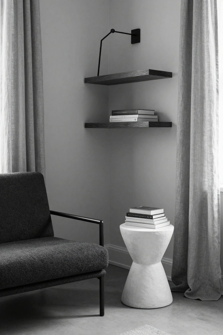 Black-and-white photo of a room corner with two floating wooden shelves holding stacked books, a black metal armchair, a white pedestal stool topped with books, a wall-mounted black lamp, and tall sheer curtains beside a window.