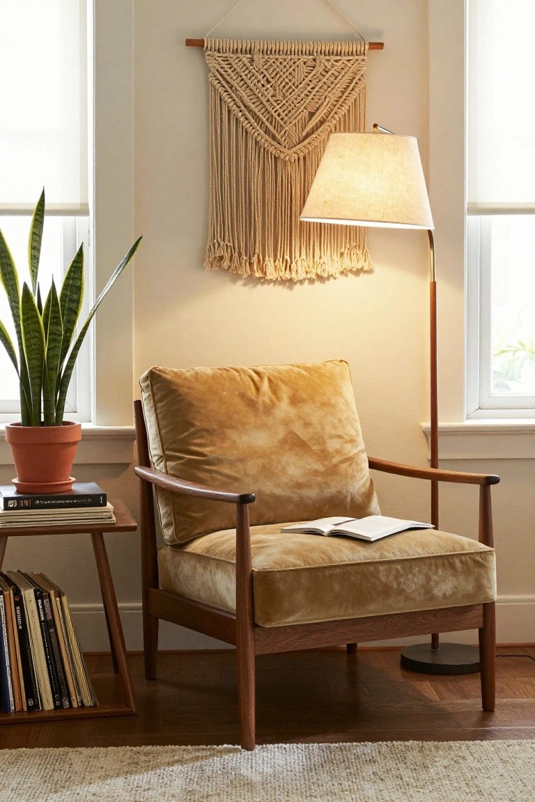 Mustard velvet armchair with wooden frame next to a wooden side table holding stacked books, a potted snake plant, and an arc floor lamp in a light room with macrame wall hanging and sheer window shades.