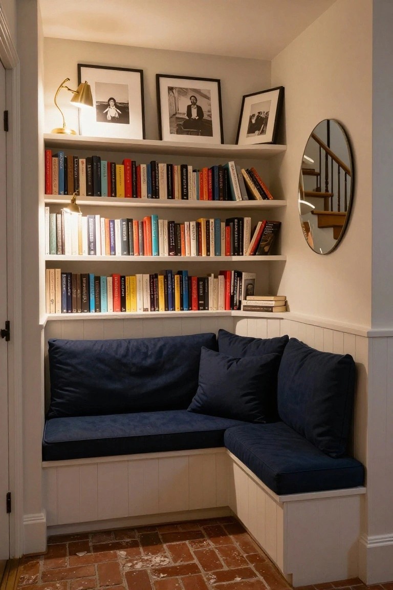 White built-in bookshelves filled with multicolored books above a navy cushioned L-shaped bench in a corner, with a brass desk lamp, framed black-and-white photos, a round mirror reflecting stairs, and brick flooring.