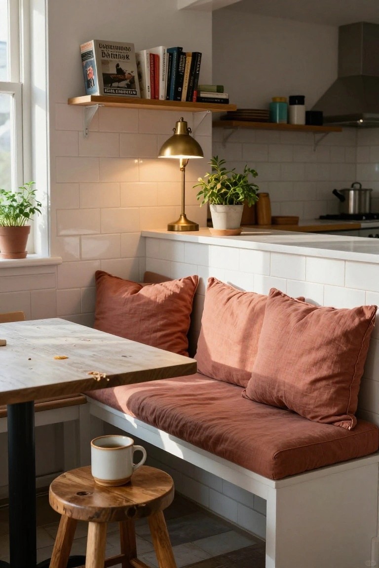 Kitchen nook with white built-in bench topped by rust-colored cushions, wooden table, wooden stool holding a mug, bookshelves with books, plants, brass lamp, and white tiled walls.