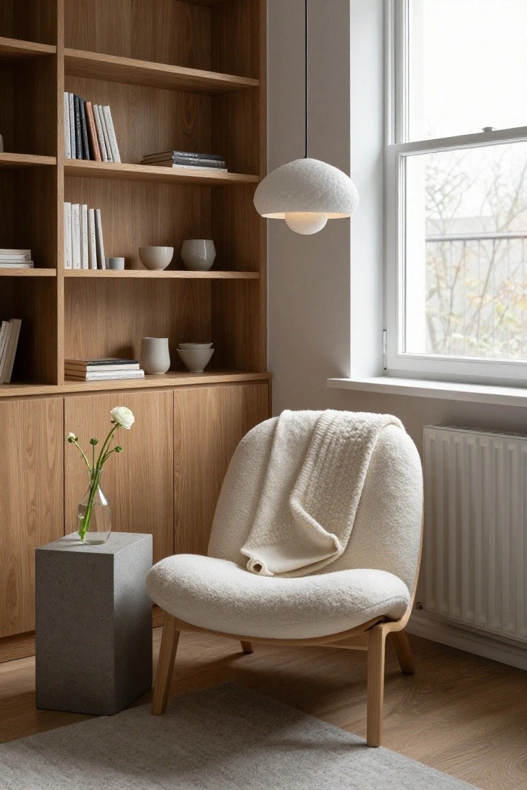 White sheepskin-upholstered curved armchair with cream knit throw next to gray concrete side table holding glass vase of white anemones, in front of oak bookshelves and cabinets under white pendant lamp by tall window with radiator below.