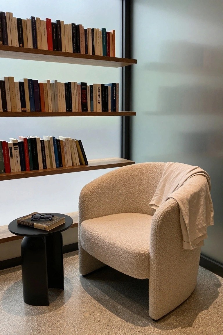 Beige curved bouclé armchair with cream throw on arm next to black cylindrical side table holding glasses and book, beside wooden bookshelves filled with multicolored books, in room with frosted glass wall and terrazzo floor.