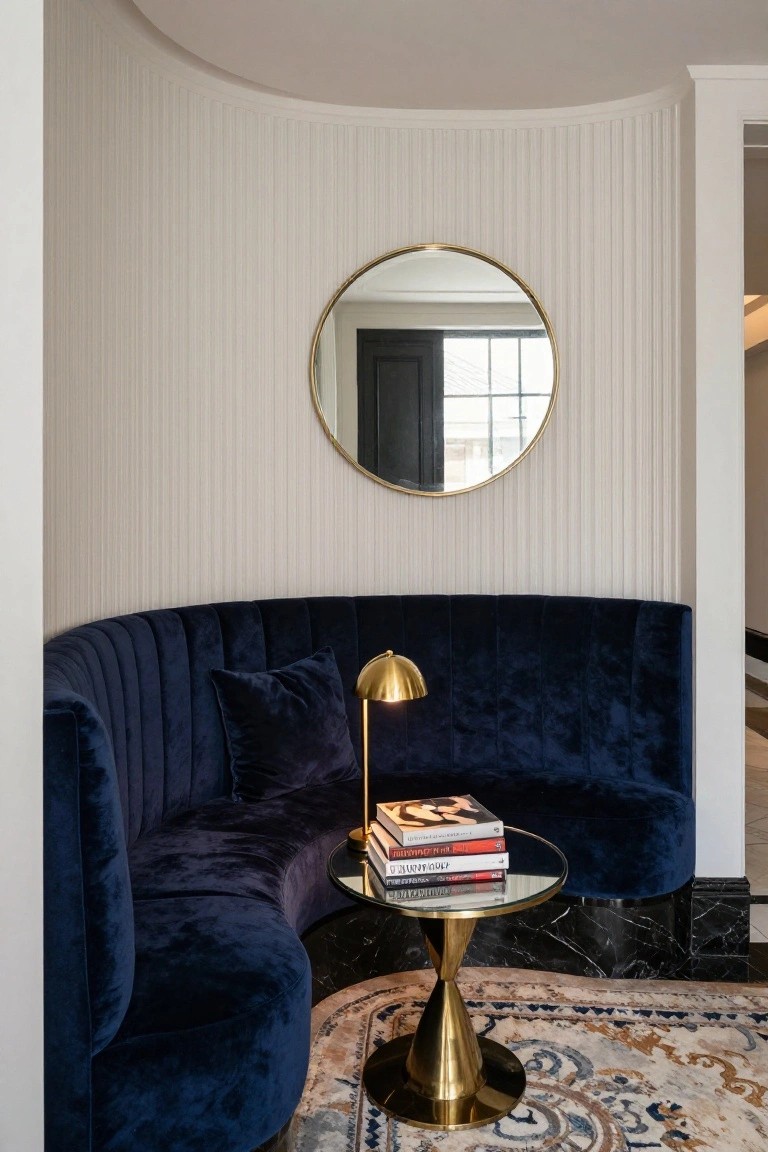 Curved navy blue tufted velvet banquette against white fluted wall, with glass-topped brass table holding stacked books and conical lamp, large round brass mirror on wall near black door.