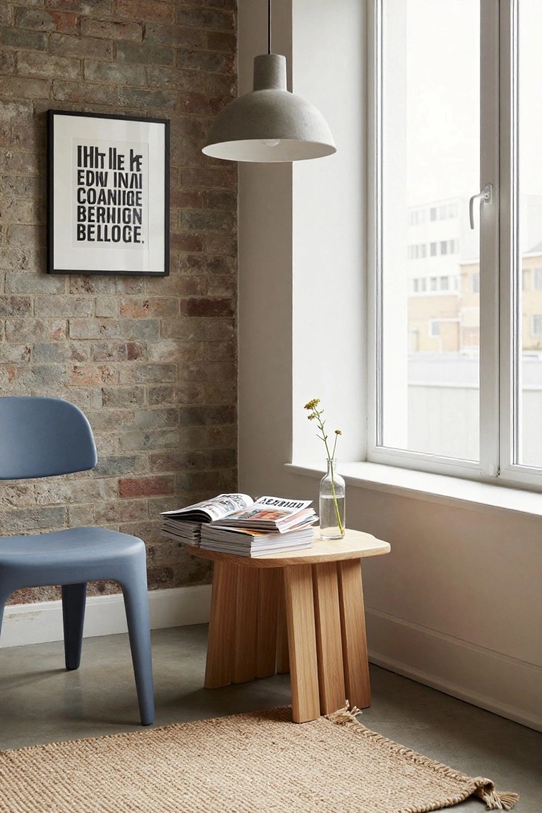 Blue molded plastic armchair next to a light wooden tripod side table with stacked magazines, glass vase of yellow flowers, exposed brick wall with black-framed poster, white pendant lamp, large window, and seagrass rug in a modern interior corner.