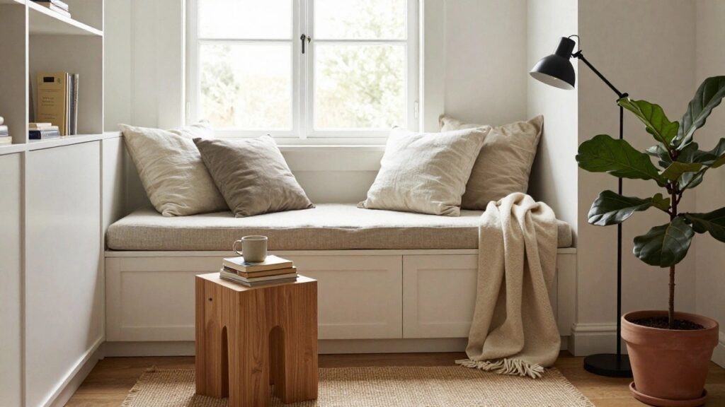 White room corner with low wooden daybed covered in beige pillows and throw under a multi-pane window, black adjustable floor lamp, oak pedestal stool holding stacked books and mug, potted fiddle leaf fig, and seagrass rug on wood floor.
