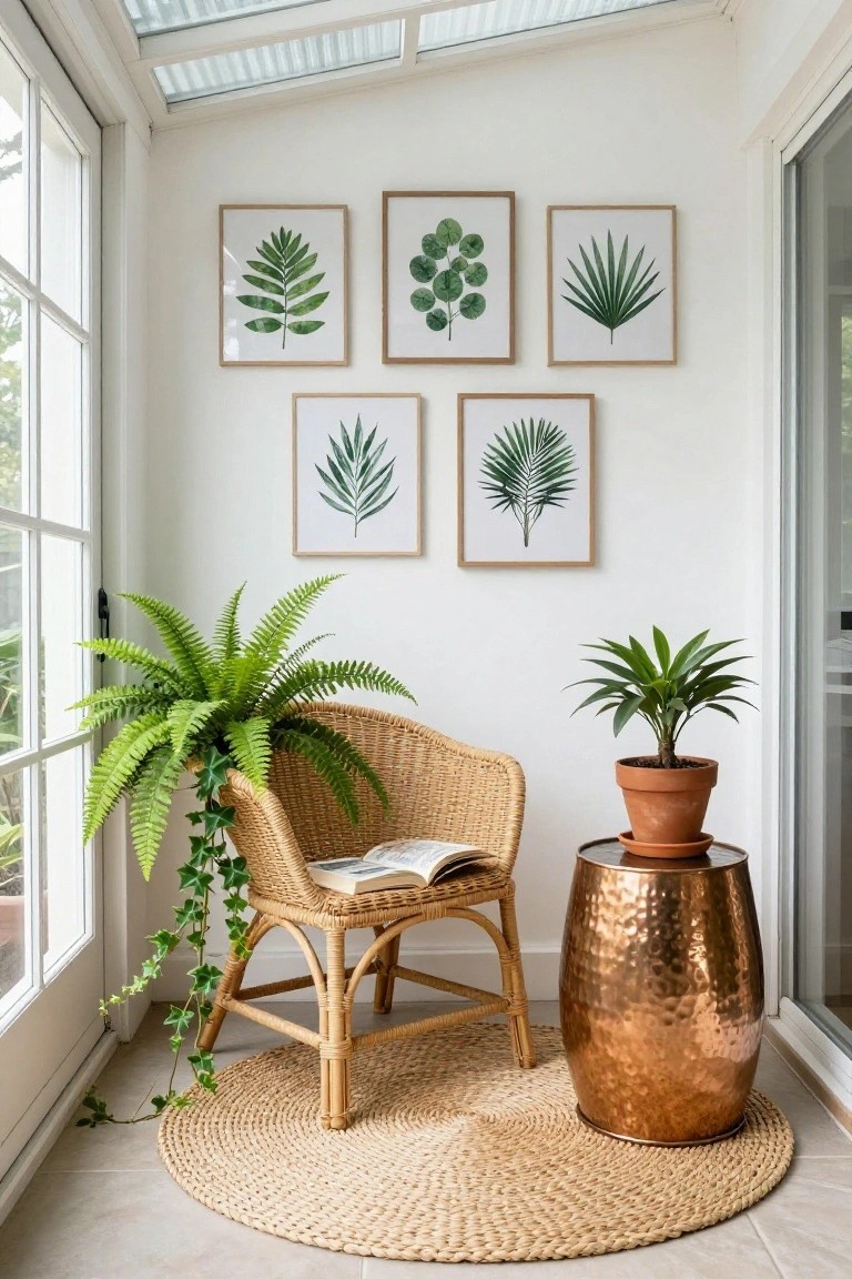 Glass-enclosed sunroom with white walls featuring four framed green leaf botanical prints, a rattan armchair draped in trailing ferns and ivy with an open book on the seat, a hammered copper stool beside it holding a terracotta potted plant, and a round seagrass rug on tiled floor.