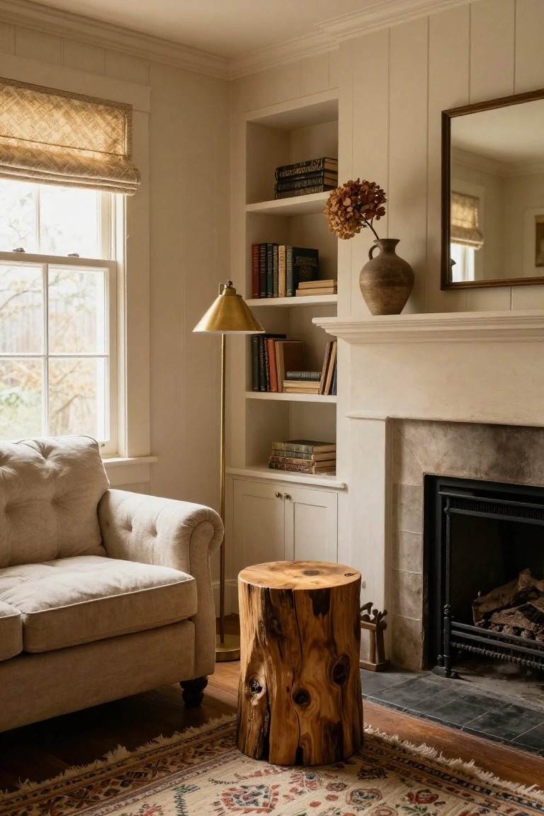 Cozy indoor reading corner with cream tufted sofa, burled wood stump stool, brass arched floor lamp, built-in bookshelves filled with books, dried flower arrangement in terracotta pot, mirror above mantel, and stone fireplace with burning logs.