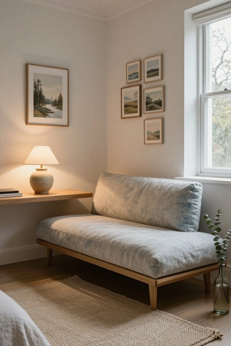 Light gray linen daybed on wooden legs in a corner by a large window with sheer blind, floating oak shelf above with beige ceramic lamp and books, landscape art on walls, eucalyptus in glass vase, neutral room with wood floor and rug.