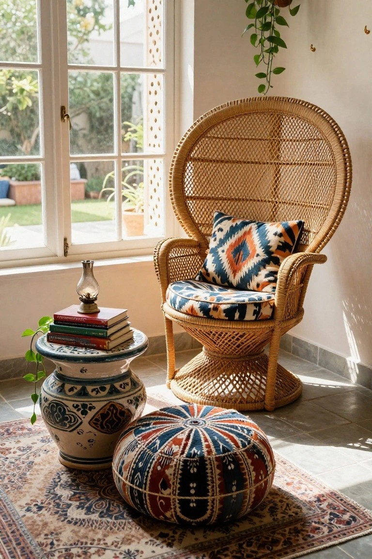 A wicker peacock chair with colorful patterned cushion sits in a sunlit indoor corner by tall windows overlooking a garden, next to a ceramic side table with books and a lamp, a pouf ottoman, and a patterned rug on tiled floor.