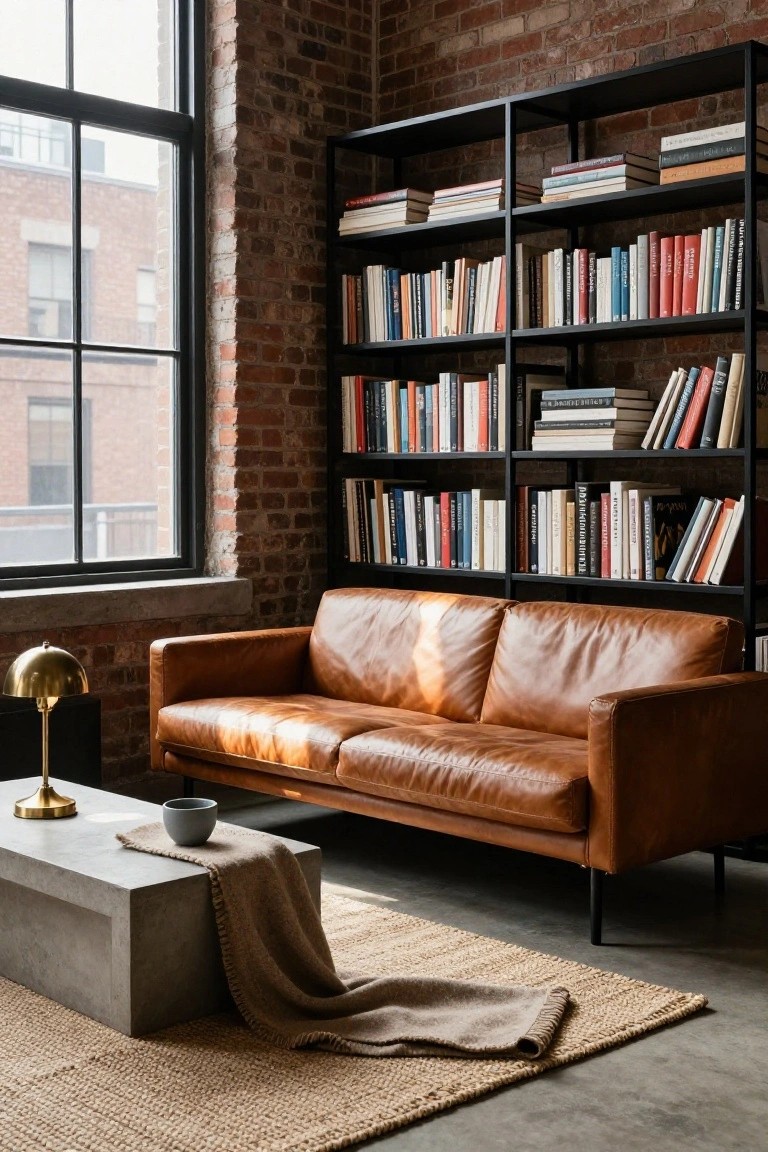 Tall black metal bookshelves filled with books line brick walls in a loft reading corner with tan leather sofa, concrete coffee table, gold lamp, small cup, throw blanket, and seagrass rug near large windows.