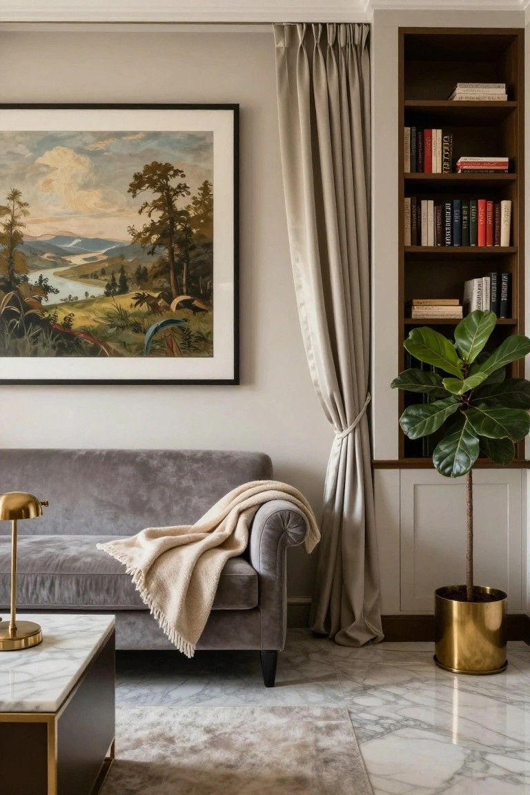 Gray velvet loveseat with cream throw blanket on arm, brass lamp and low marble coffee table in front of built-in wooden bookshelves filled with books, tall fiddle leaf fig plant in brass pot nearby, sheer curtains on window, large framed landscape painting, and marble tile floor in light interior.