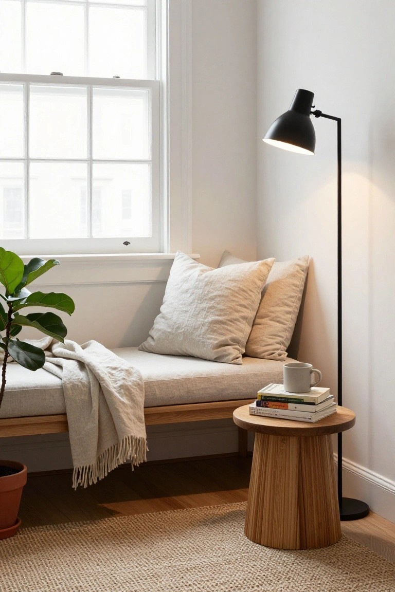White room corner with low wooden daybed covered in beige pillows and throw under a multi-pane window, black adjustable floor lamp, oak pedestal stool holding stacked books and mug, potted fiddle leaf fig, and seagrass rug on wood floor.