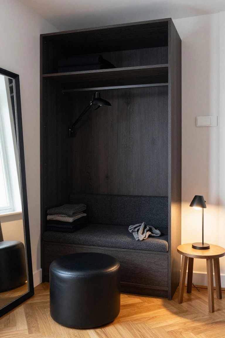 Tall open dark wood wardrobe with upper shelves holding blankets, hanging rail with adjustable lamp arm, lower built-in gray upholstered bench with folded blankets and draped sweater, black leather pouf stool nearby, small wood table with black table lamp, and full-length mirror against white wall on parquet floor