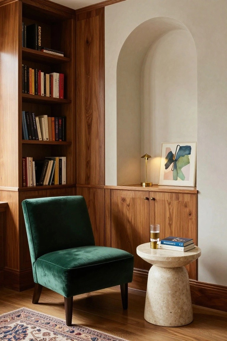 Wood-paneled corner with built-in bookshelves, closed cabinets, an arched niche displaying abstract art, a green velvet armchair, travertine pedestal side table with books and glass, and a brass desk lamp.