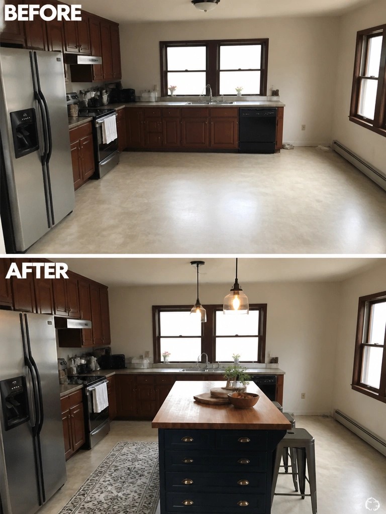Before and after kitchen remodel with new island, pendant lights, and stools.