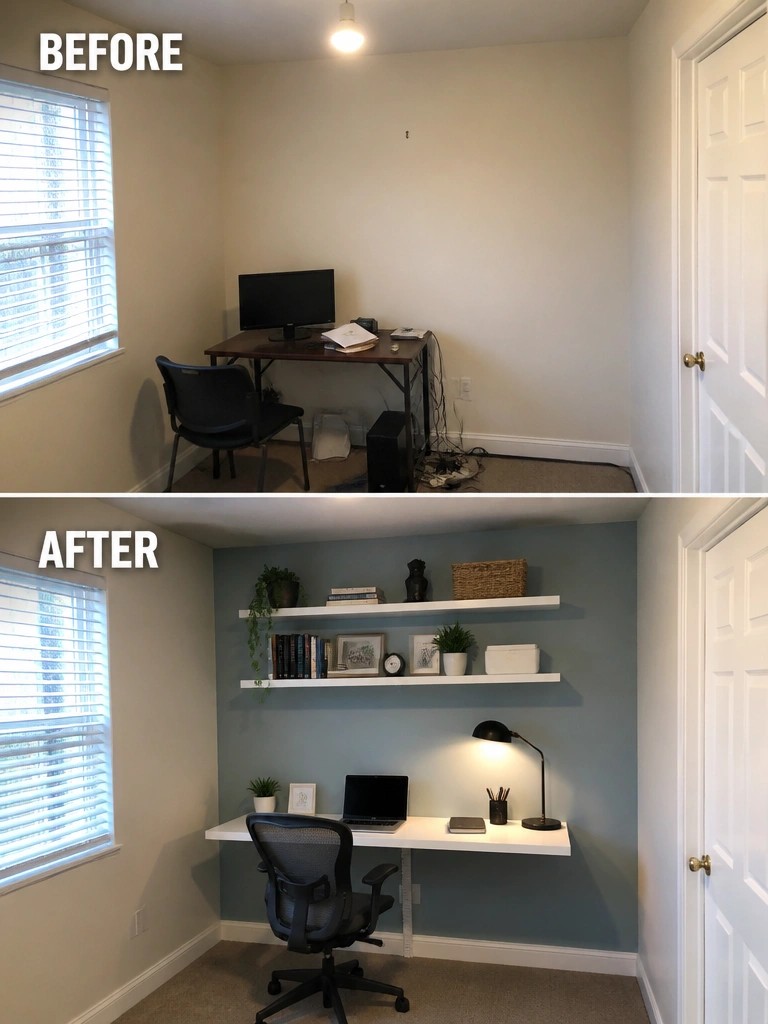 Before-and-after image of a plain office corner transformed with a wall-mounted desk, floating shelves, and simple decor.